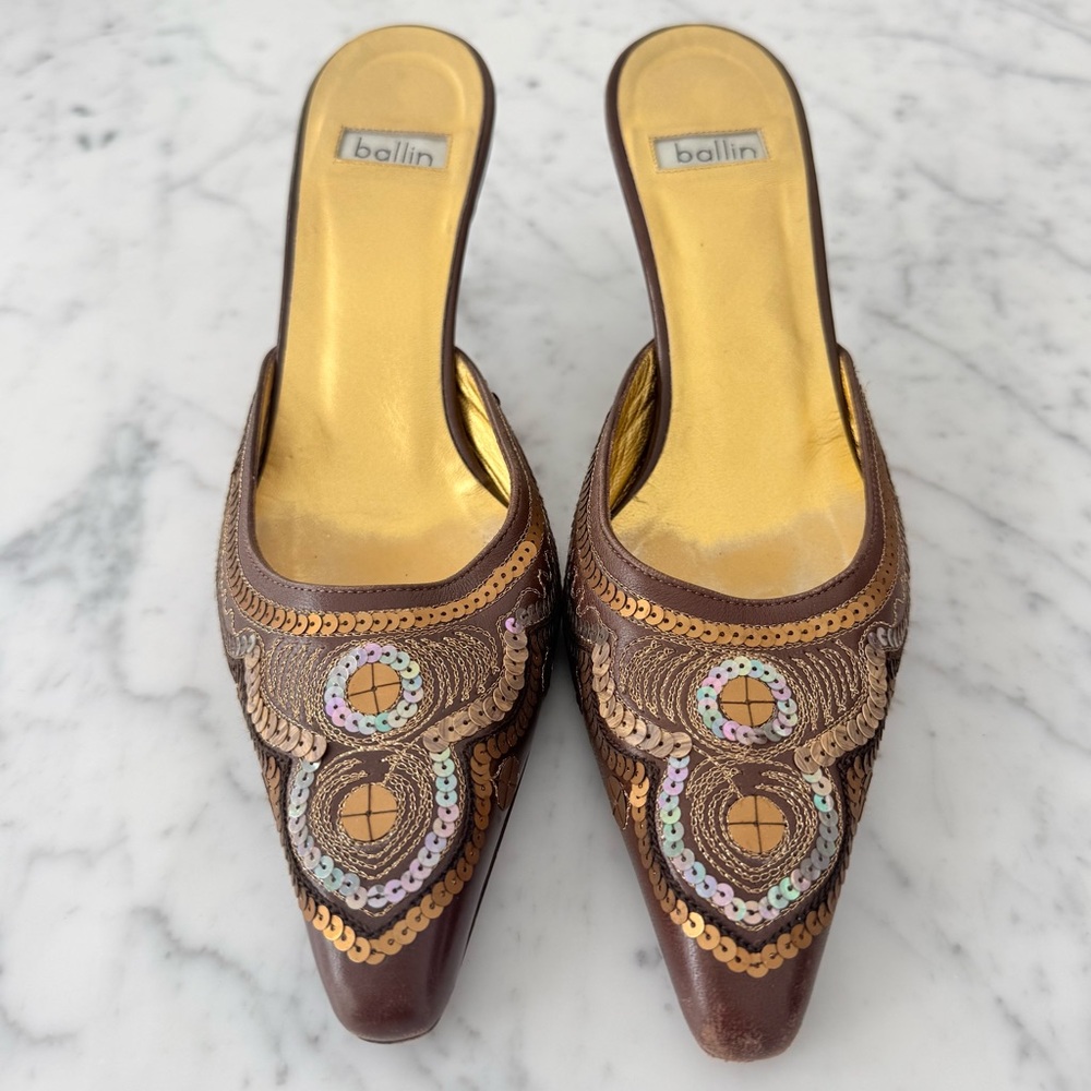 Ballin Kitten Heel Mules Brown Sequin Womens Size EU 36